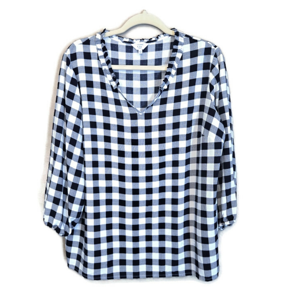 Crown & Ivy Blue White Gingham Check 3/4 Sleeve Blouse Womens 1X